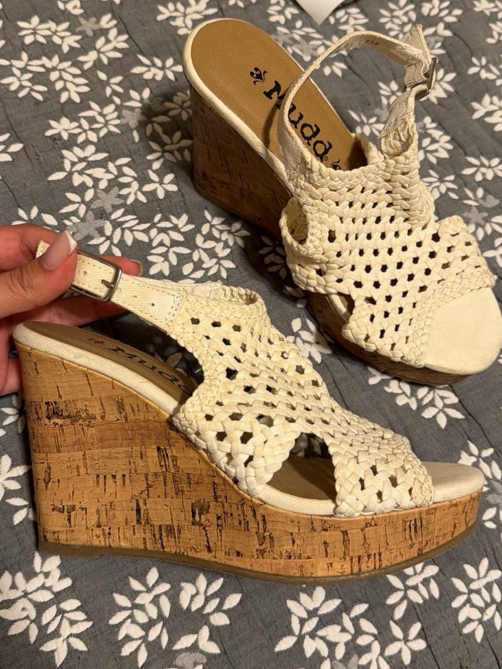 Y2k Mudd Cream Woven Cork Wedge Sandals